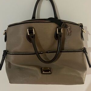 Taupe Tote Bag with Dark Brown Leather Trim and Gold Hardware